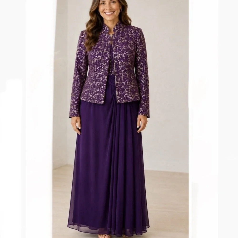 Alex Evenings Purple Gold Glitter 2 Piece Jacket Sleeveless Maxi Dress Set 14W